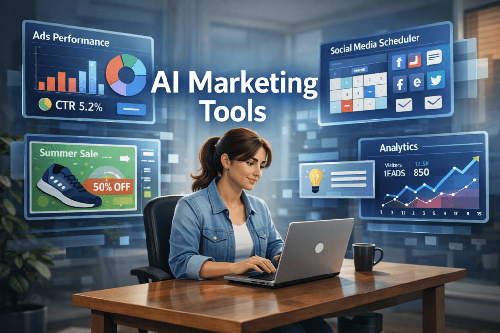 A young entrepreneur working on a laptop while AI marketing dashboards display ad performance, social media scheduling, and analytics tools used by small businesses for marketing automation.