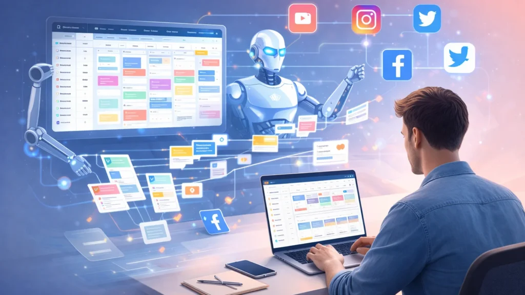 AI system automating social media posts from creation to publishing across multiple platforms