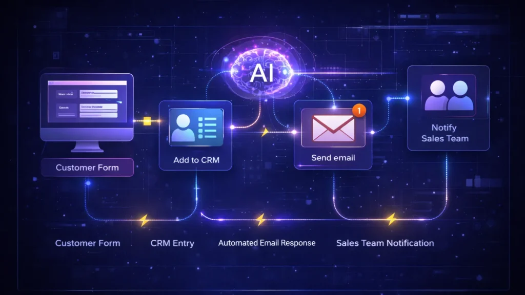 AI business automation flowchart showing customer form CRM email and sales notification