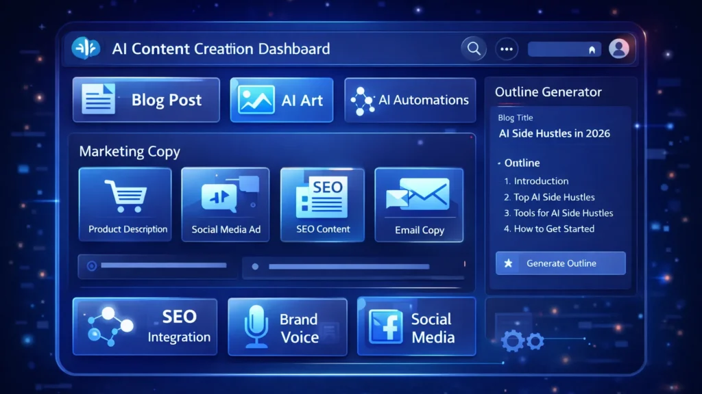AI Side Hustles That Actually Work in 2026 3 AI dashboard interface showing content creation tools for blog writing, AI art generation, SEO content, and marketing automation.