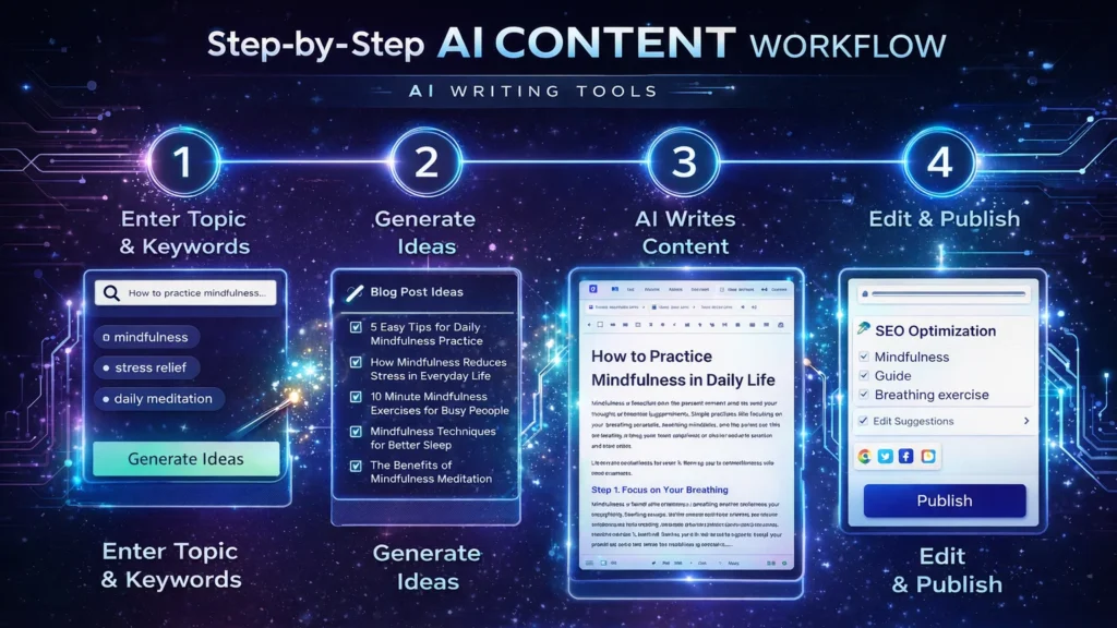 Best AI Tools for Content Creation in 2026 4 Step-by-step workflow showing how AI writing tools generate, edit, and publish content