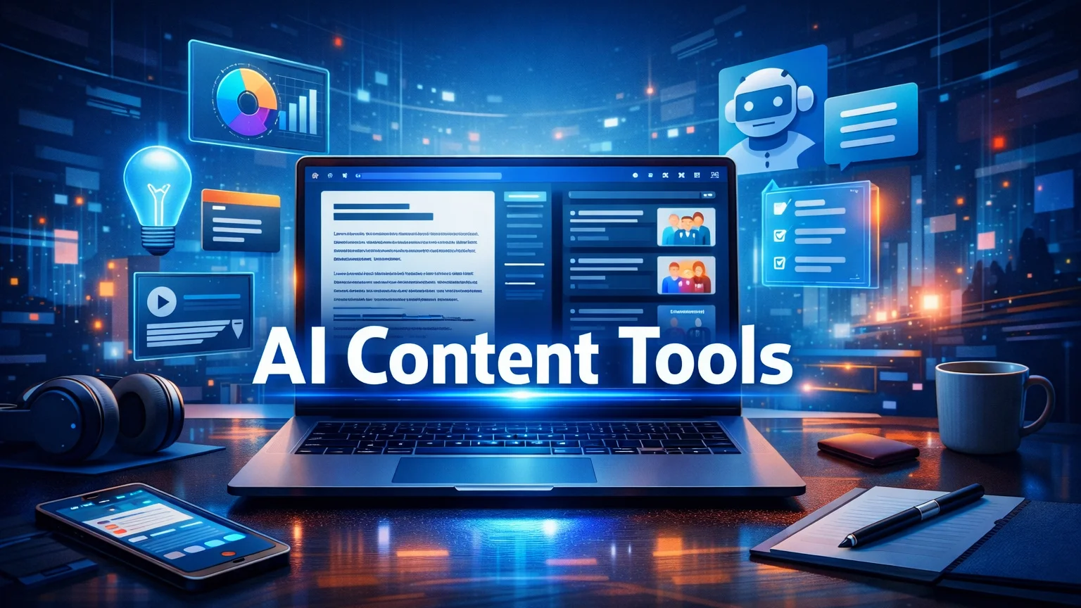 Best AI Tools for Content Creation in 2026 1 Futuristic workspace showing AI writing tools generating content on a laptop screen