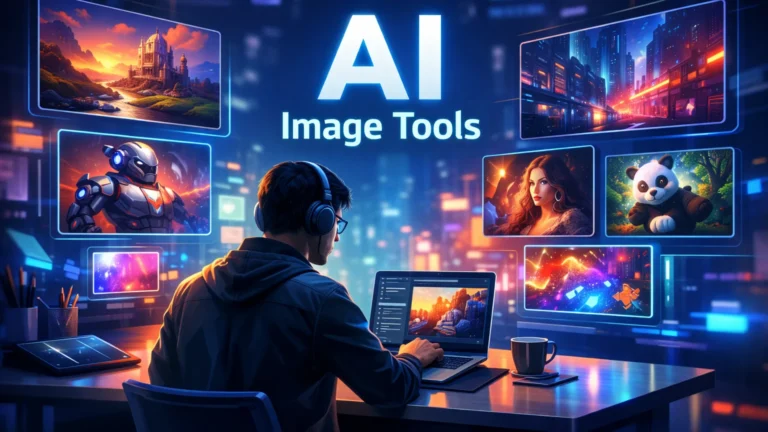 Futuristic designer workspace using AI image generation tools to create digital art and illustrations on floating holographic screens.