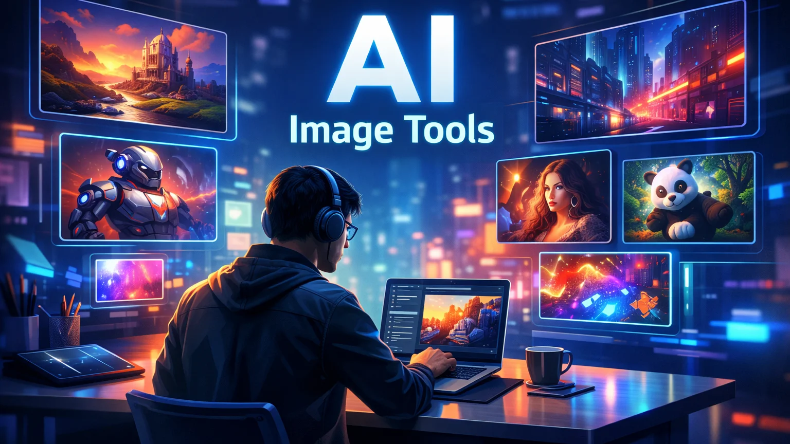 Futuristic designer workspace using AI image generation tools to create digital art and illustrations on floating holographic screens.