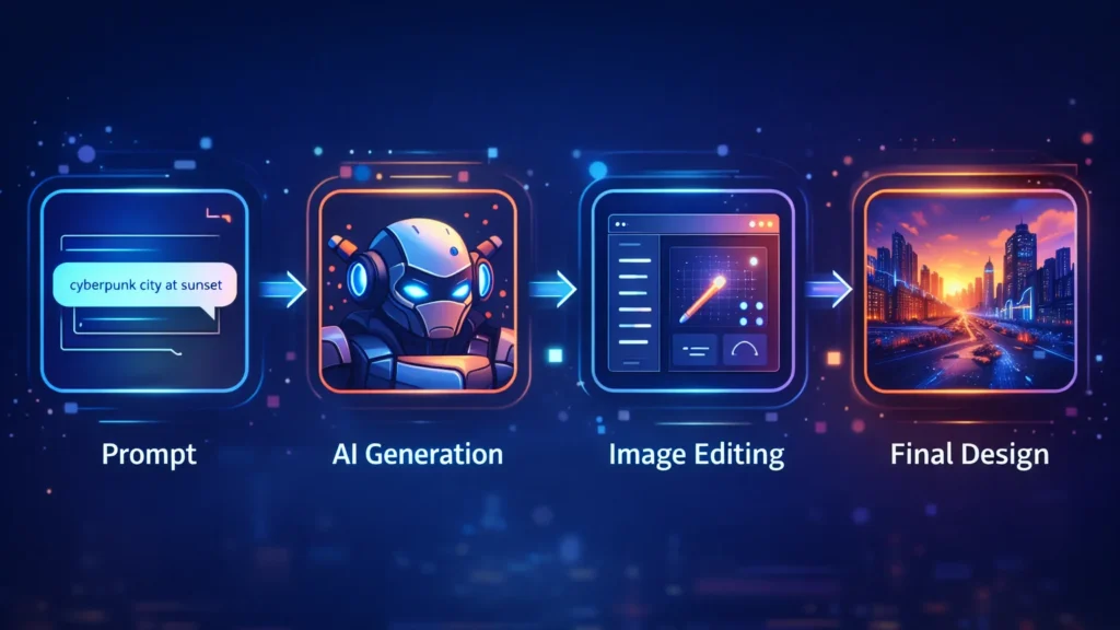 Workflow diagram showing prompt input, AI image generation, image editing, and final design creation process.