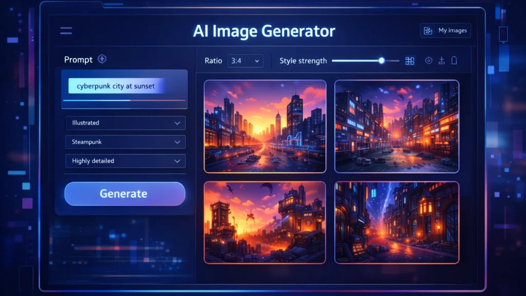 AI image generator dashboard showing prompt input panel and multiple generated images in a design interface.