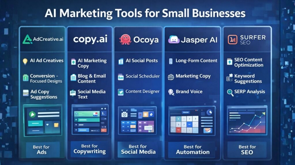 Comparison infographic of AI marketing tools for small businesses highlighting features such as ad creation, AI copywriting, social media automation, content generation, and SEO optimization.