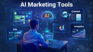 Small business owner using AI marketing tools for ads, content creation, and marketing analytics.