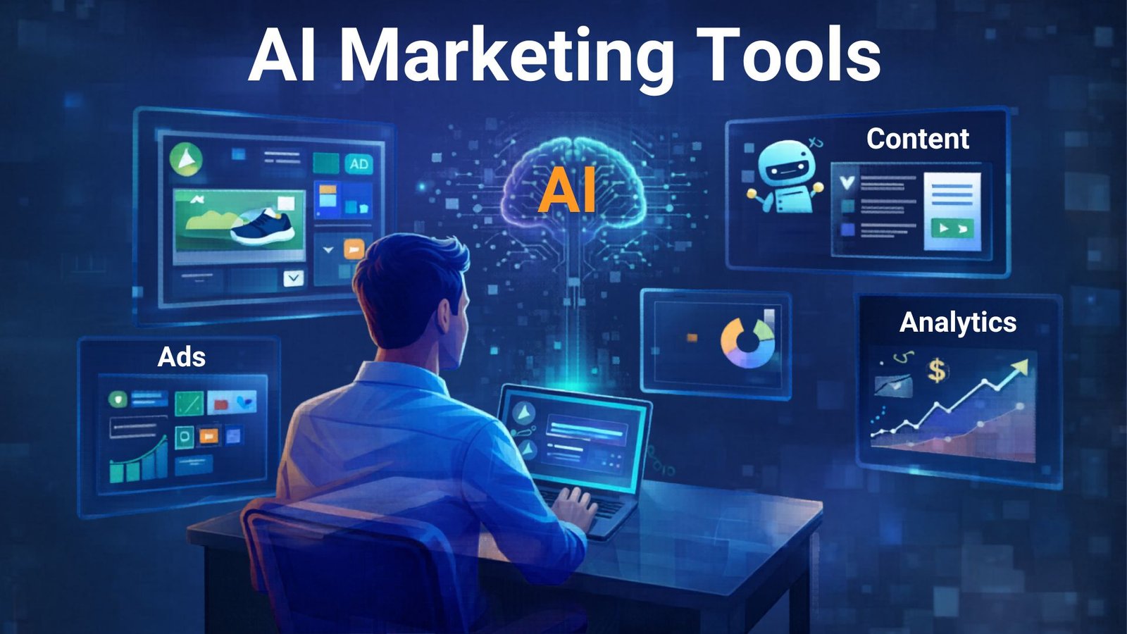 Small business owner using AI marketing tools for ads, content creation, and marketing analytics.