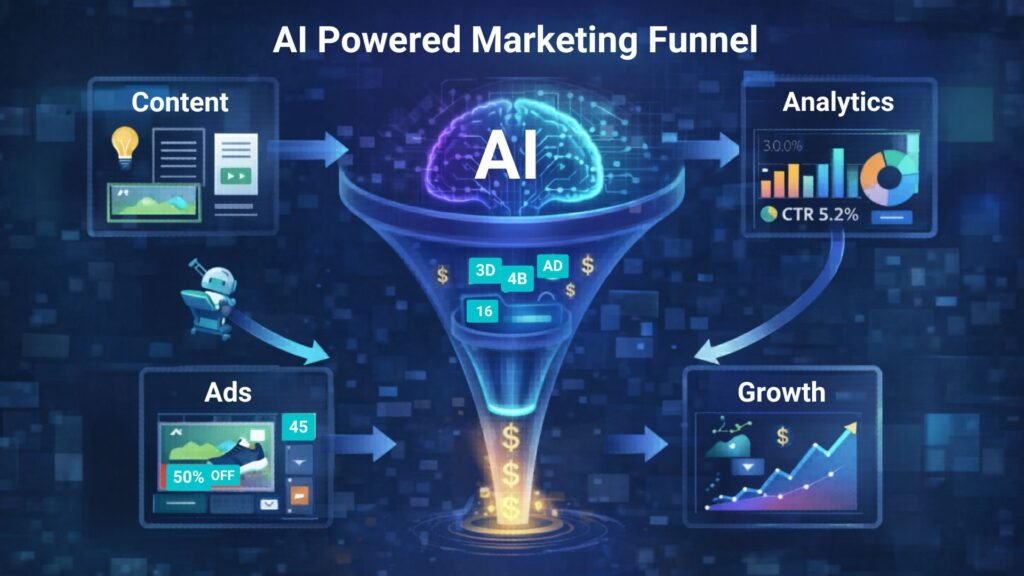 AI-powered marketing funnel showing content creation, advertising campaigns, analytics tracking, and business growth automation.