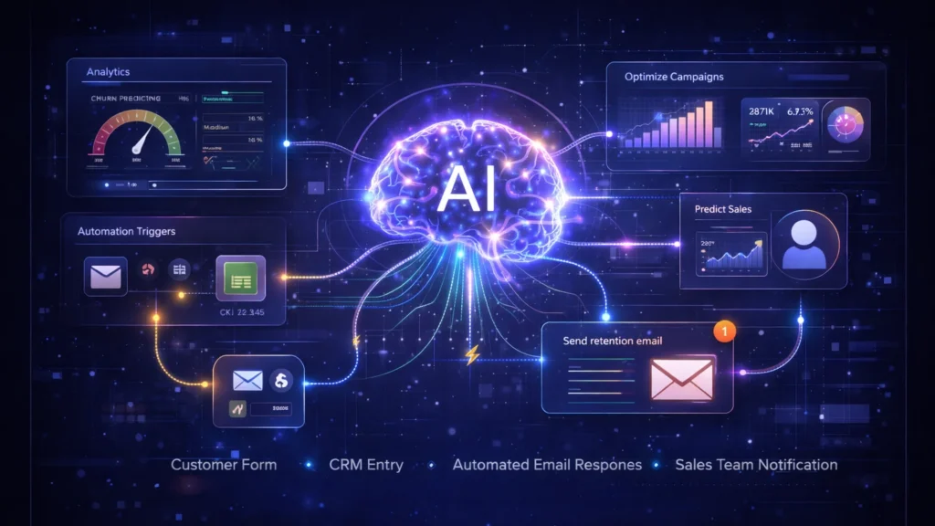 artificial intelligence analyzing business dashboards and predictive analytics automation