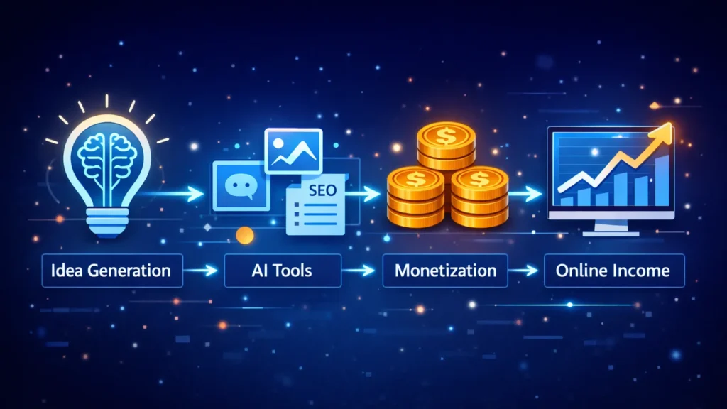 AI Side Hustles That Actually Work in 2026 2 AI workflow diagram showing idea generation, AI tools, monetization strategies, and online income growth.