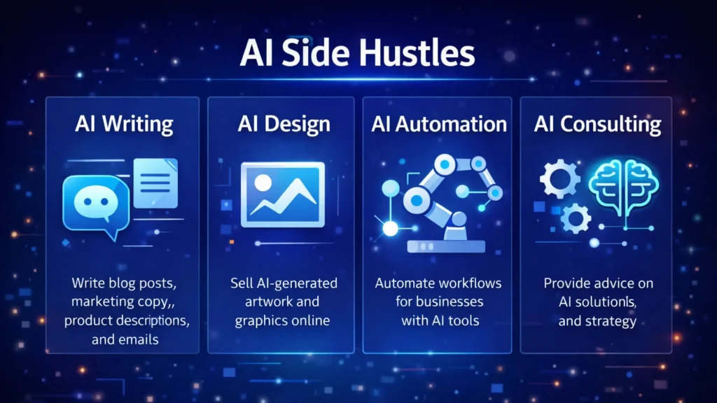 AI Side Hustles That Actually Work in 2026 4 Comparison infographic showing AI writing, AI design, AI automation, and AI consulting as profitable AI side hustles.