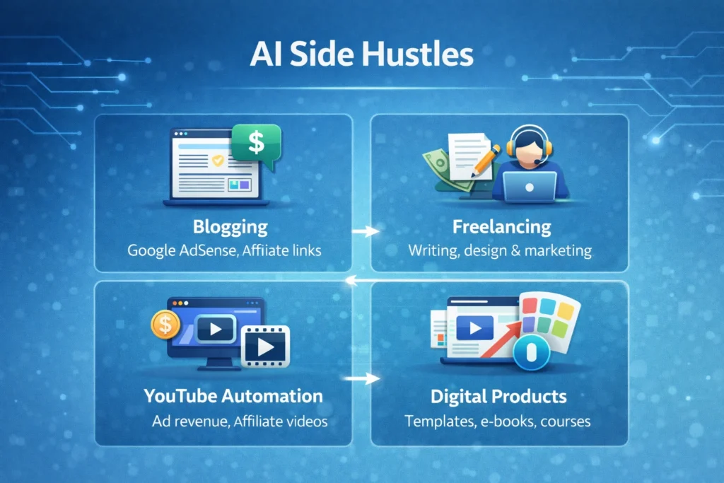 Infographic comparing AI side hustles including blogging, freelancing, YouTube automation, and digital products for making money online.