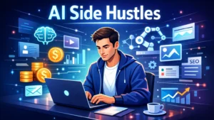 Entrepreneur working on a laptop surrounded by AI tools, automation icons, and money symbols representing AI side hustles and online income.
