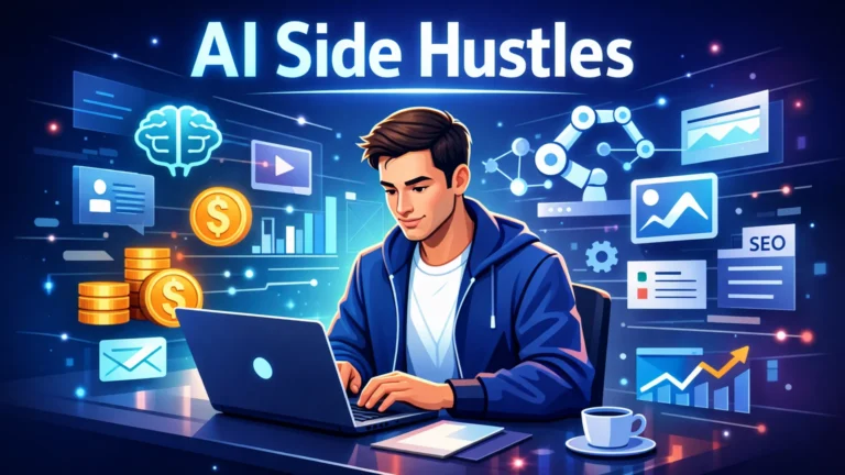 Entrepreneur working on a laptop surrounded by AI tools, automation icons, and money symbols representing AI side hustles and online income.