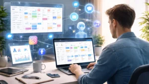 Content creator using AI tools for social media scheduling with analytics dashboard and automation workflow