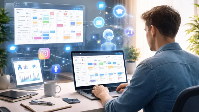 Content creator using AI tools for social media scheduling with analytics dashboard and automation workflow