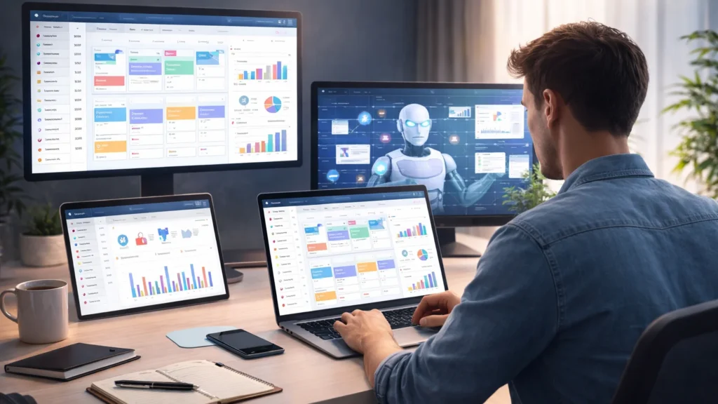 Content creator working with multiple screens showing analytics dashboards and AI tools