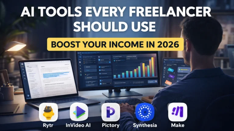 AI Tools Every Freelancer Should Use 1 Freelancer using AI tools on laptop and multiple screens with rising charts and productivity dashboard in modern workspace