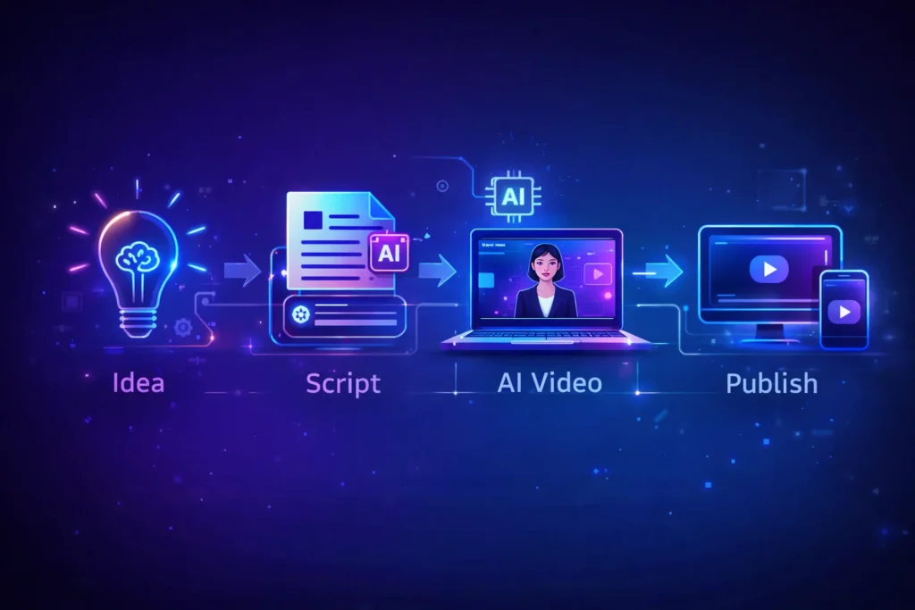 AI video creation workflow showing idea, script, AI video generation and publishing process for content creators
