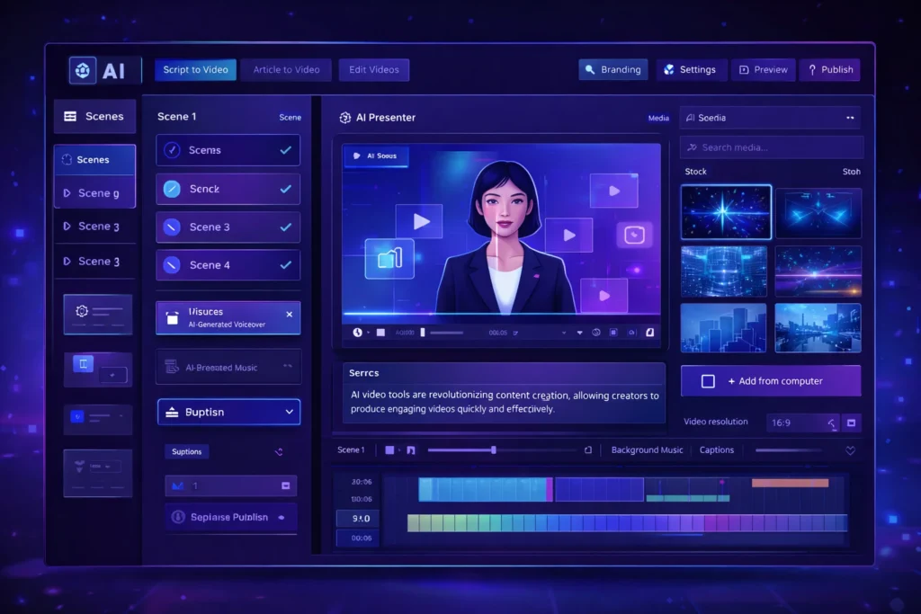 AI video generator dashboard interface showing AI presenter, video timeline editor and automated video creation tools