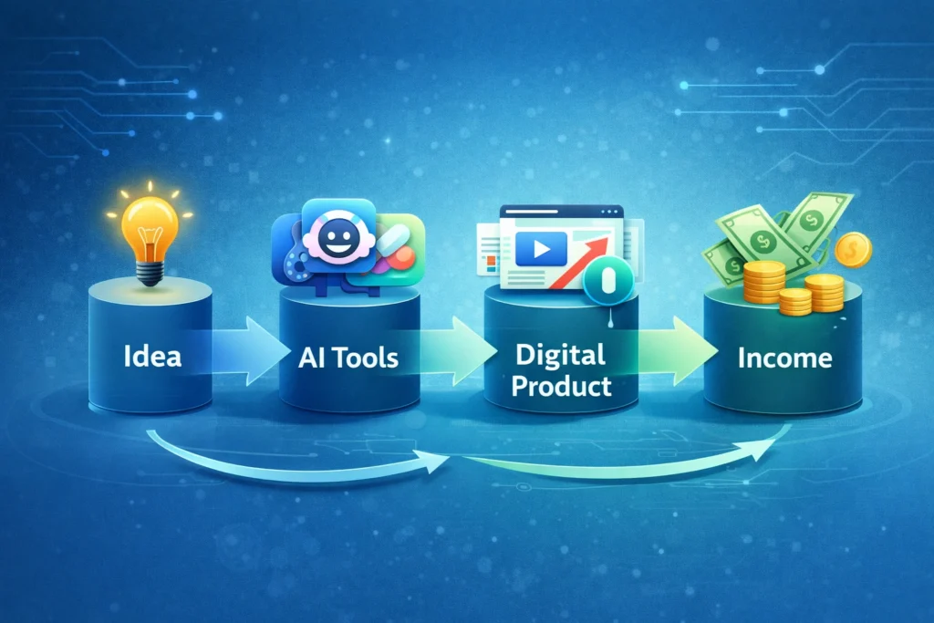 AI workflow diagram showing idea, AI tools, digital product creation, and income generation process.