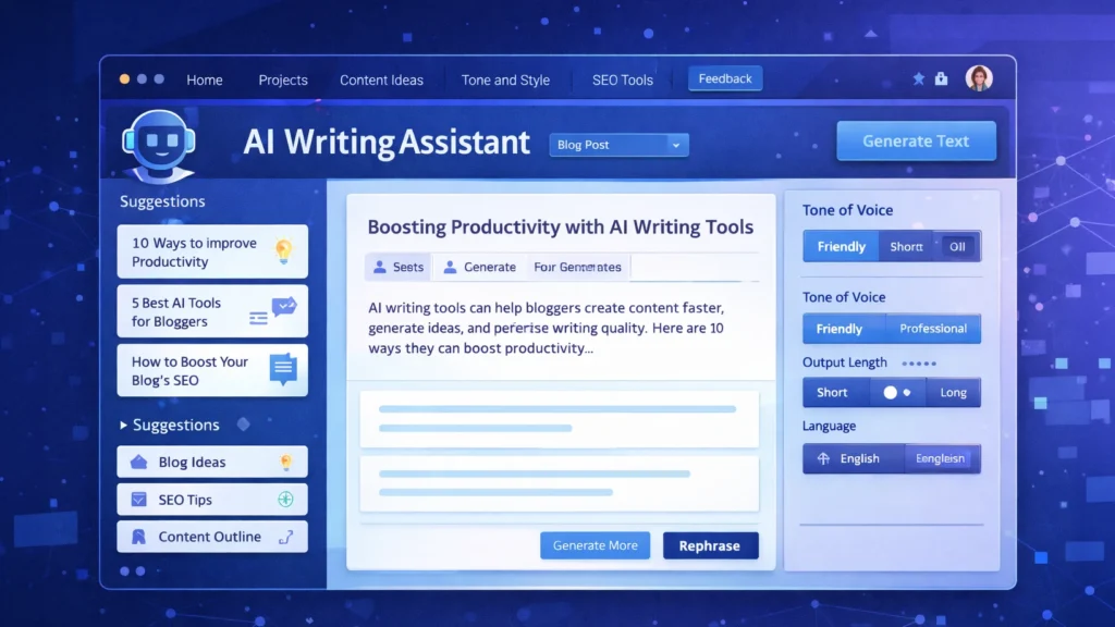 Screenshot-style illustration of an AI writing assistant dashboard showing blog content suggestions, SEO tips, and tone settings for generating AI-powered blog posts.