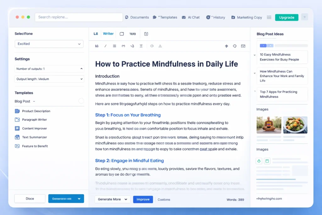 Best AI Tools for Content Creation in 2026 2 AI writing tool dashboard generating blog content with templates and editor interface