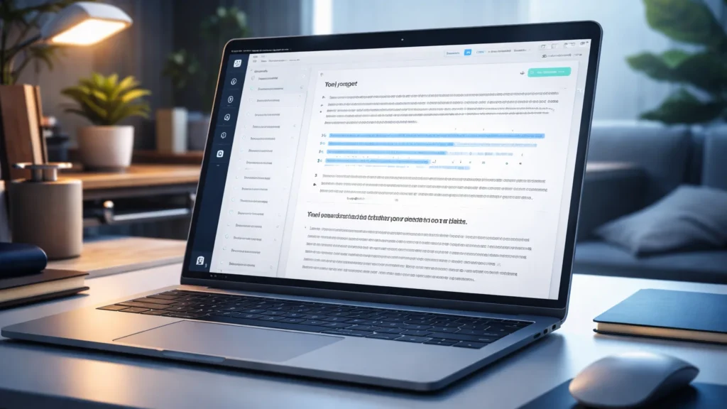 AI writing tool dashboard on laptop screen generating content automatically, clean interface in modern workspace setup