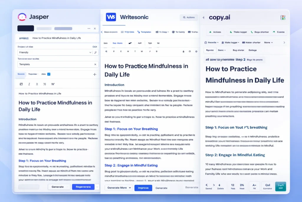 Best AI Tools for Content Creation in 2026 3 Split screen showing multiple AI writing tools like Jasper, Writesonic and Copy.ai generating content