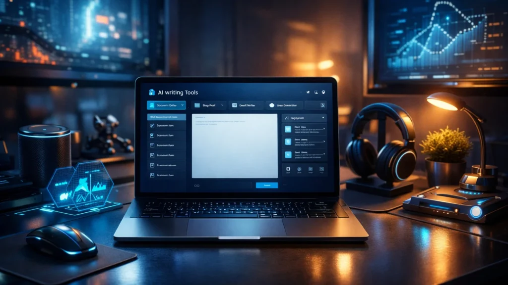 Futuristic workspace with laptop displaying AI writing tools interface, modern desk setup with glowing UI elements and cinematic lighting