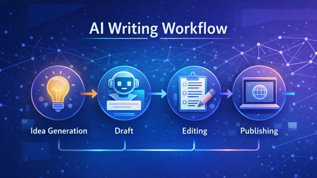 Diagram showing an AI writing workflow including idea generation, drafting, editing, and publishing stages used by bloggers and content creators.