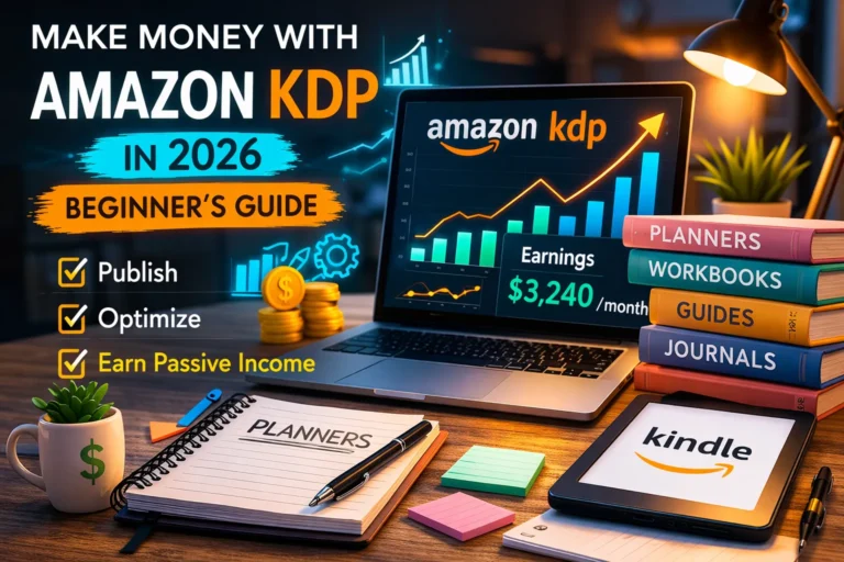 Laptop showing Amazon KDP dashboard with low-content books and planners for sale