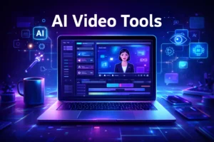 Futuristic workspace showing AI video editing software with an AI avatar and automated video creation tools on a laptop screen