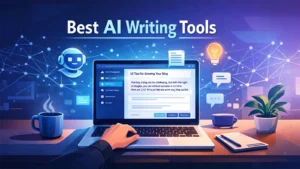 Illustration showing a laptop with an AI writing assistant generating blog content, representing the best AI writing tools for bloggers in 2026.