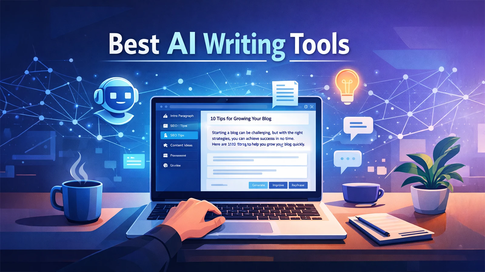 Illustration showing a laptop with an AI writing assistant generating blog content, representing the best AI writing tools for bloggers in 2026.