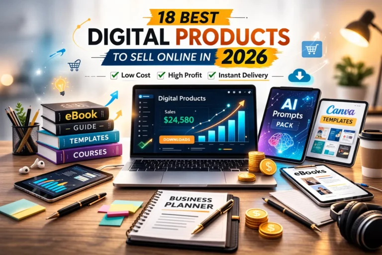 Laptop displaying digital product sales dashboard with planners, templates, and eBooks on desk