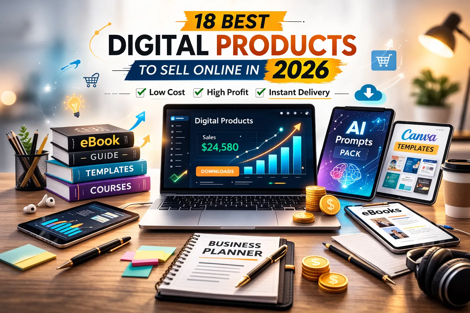 Laptop displaying digital product sales dashboard with planners, templates, and eBooks on desk