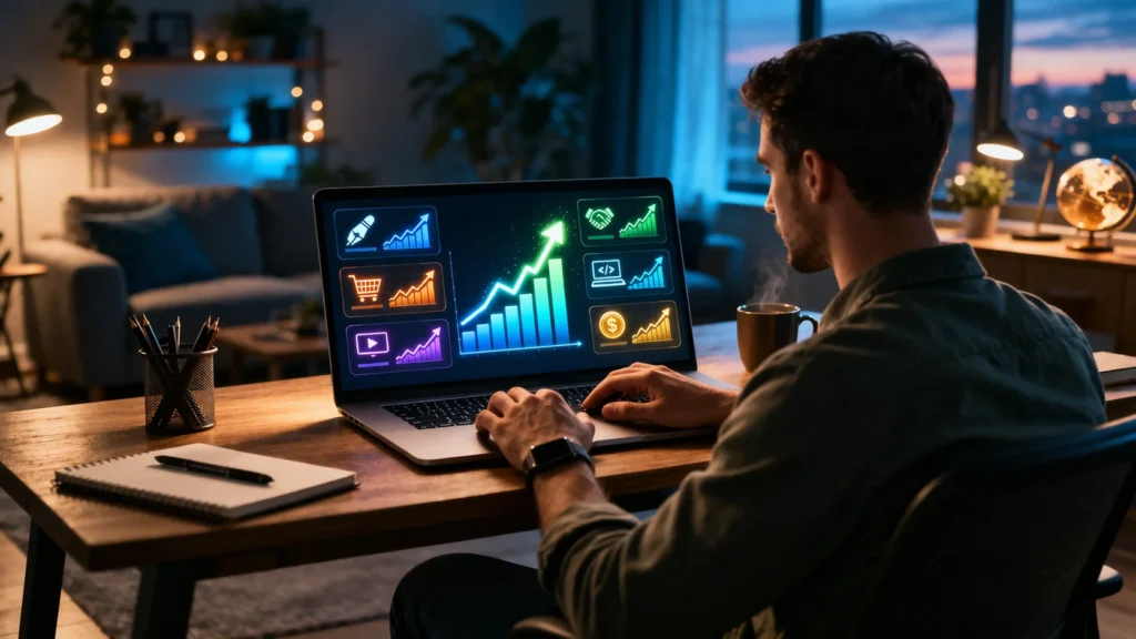 Freelancer working on laptop with multiple income streams dashboard, rising charts on screen, modern home office with cinematic lighting