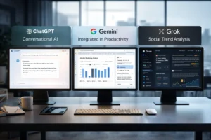 Side-by-side comparison of three AI platforms used for productivity, automation, and marketing workflows