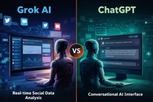 Illustration comparing Grok AI real-time social data analysis with ChatGPT conversational AI interface