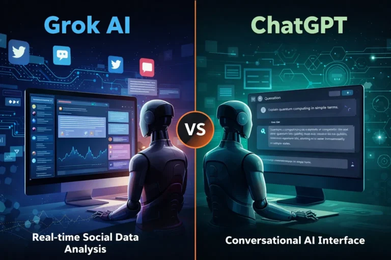 Illustration comparing Grok AI real-time social data analysis with ChatGPT conversational AI interface