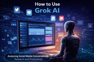 Illustration of Grok AI analyzing social media conversations for research and productivity