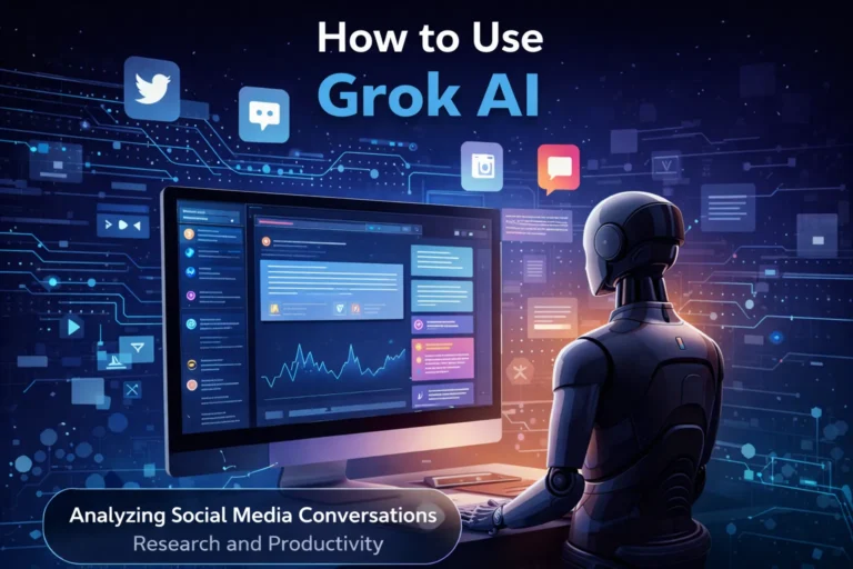 Illustration of Grok AI analyzing social media conversations for research and productivity