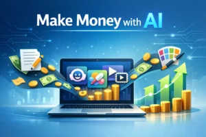 Illustration showing AI tools generating income through writing, design, and video creation on a laptop with a rising revenue graph.