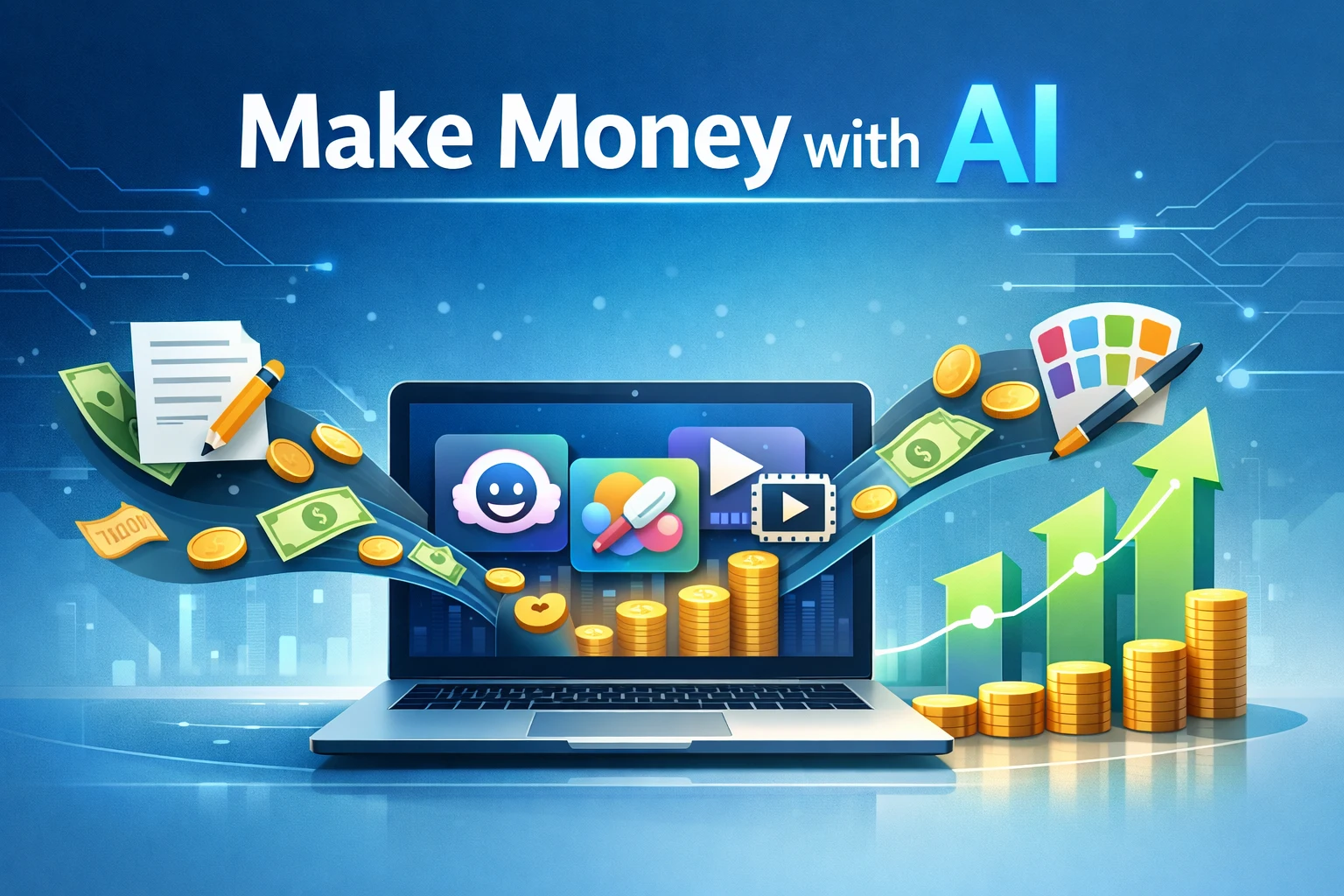 Illustration showing AI tools generating income through writing, design, and video creation on a laptop with a rising revenue graph.