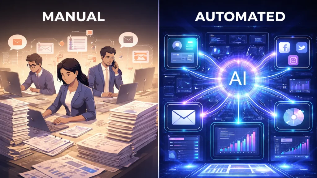 Manual business workflow compared with AI automated workflow