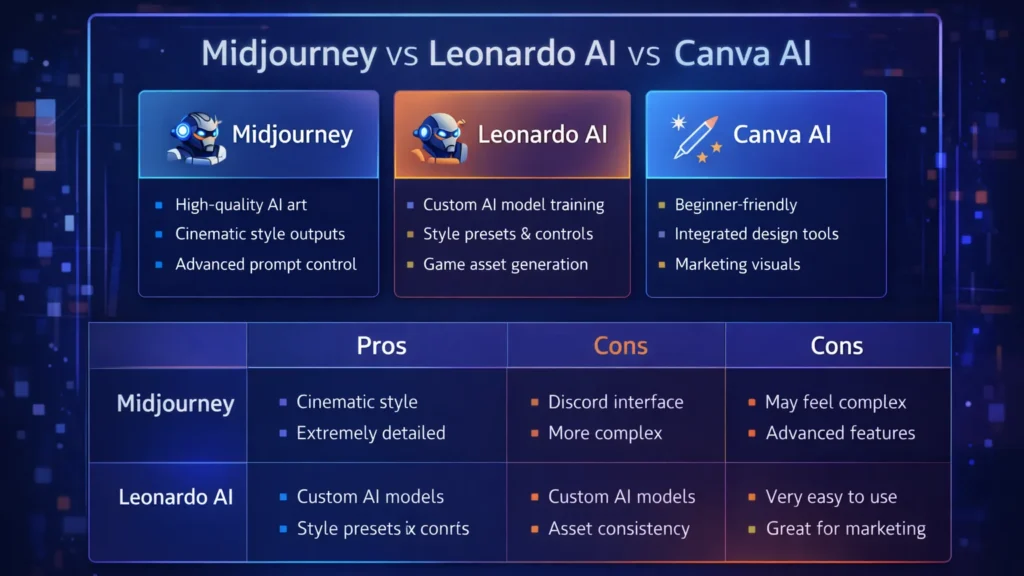 Comparison chart highlighting features of Midjourney, Leonardo AI, and Canva AI image generation tools.