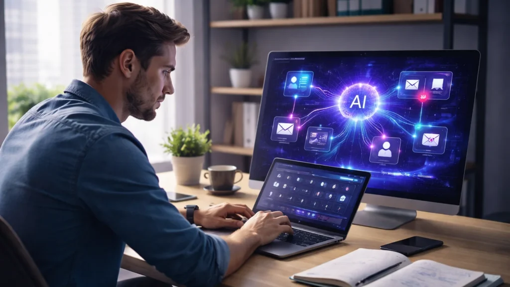 small business owner using AI automation dashboard for CRM email and marketing tasks